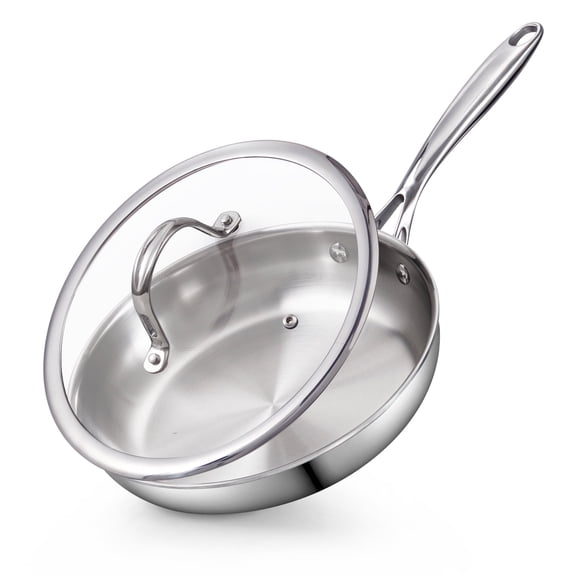 Cooks Standard Multi-Ply Clad 8-Inch Stainless Steel Frying Pan with Glass Lid, Egg Omelet Pan & Small Wok Stir Fry Pan Skillet, Stay-Cool Handle, Induction Compatible Cookware, Dishwasher Oven Safe