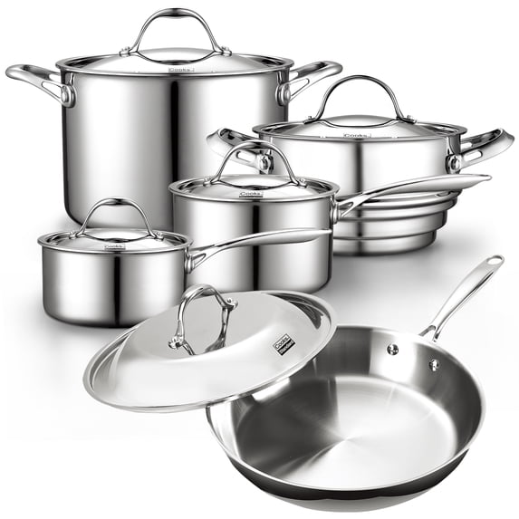 Cooks Standard Multi-ply Clad Stainless Steel Cookware Set, Includes Saucepans, Steamer, Stockpot, Frying Pans with Lids, Induction Compatible, Dishwasher Safe, Oven Safe, 10-Piece
