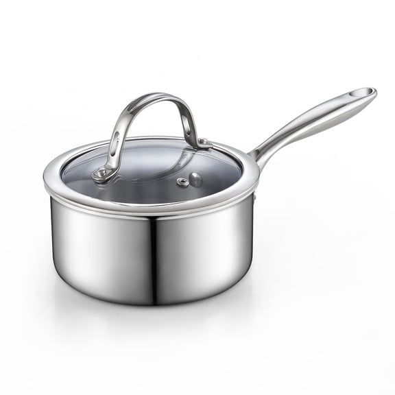 Cooks Standard Multi-Ply Clad 1.5 Quart Stainless Steel Saucepan with Glass Lid, Small Kitchen Induction Cooking Sauce Pot Pan, Dishwasher & Oven Safe, Compatible with All Cooktops