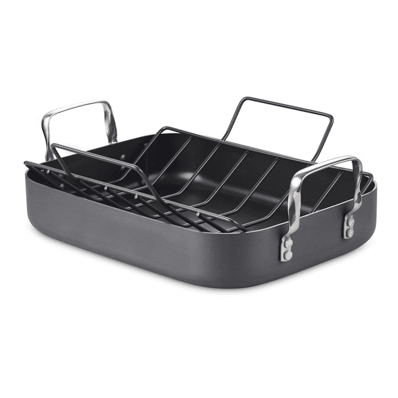 Cooks Standard Classic 16 x 12 Inch Hard Anodized Nonstick Roasting Pan with Rack, Multi-Use Grill Pan with Handles, Large Capacity Turkey Roaster Pan, Oven Safe, Black