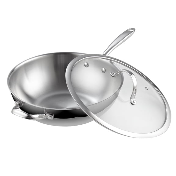 Cooks Standard Multi-Ply Clad 12 Inch Stainless Steel Wok Pan, Stir Fry Pan with Glass Lid, Induction Cookware, Dishwasher & Oven Safe, Compatible with All Cooktops