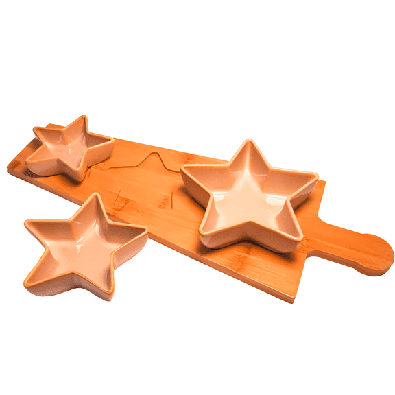 Cookspire 3-pc Star-Shaped Durable Porcelain Serving Bowl Set and fitted Wooden Serving Tray - Chip and dip serving set, Perfect for Snack and Party Serving - Light Brown/Natural Wood