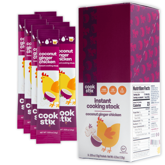 Cookstix Coconut Ginger Dehydrated Chicken Stock Powder Sticks, Made with Real Ingredients, Versatile Chicken Bouillon Powder Alternative for Cooking, Clean Label,, Lower Sodium, 8 Pack