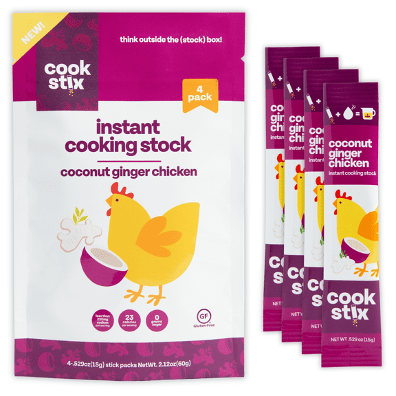 Cookstix Coconut Ginger Dehydrated Chicken Stock Powder Sticks, Made with Real Ingredients, Versatile Chicken Bouillon Powder Alternative for Cooking, Clean Label, Lower Sodium, 4 Pack