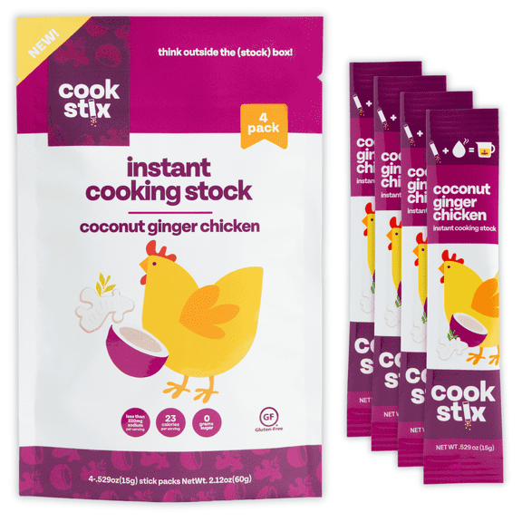 Cookstix Coconut Ginger Dehydrated Chicken Stock Powder Sticks, Made with Real Ingredients, Versatile Chicken Bouillon Powder Alternative for Cooking, Clean Label, Lower Sodium, 4 Pack