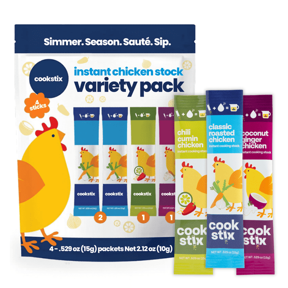 Cookstix Instant Chicken Stock Sticks Variety Pack (4 Pack)- Classic Roasted, Coconut Ginger & Chili Cumin Lime, Clean Label, Lower Sodium, Naturally High Protein Chicken Stock Alternative, No Waste