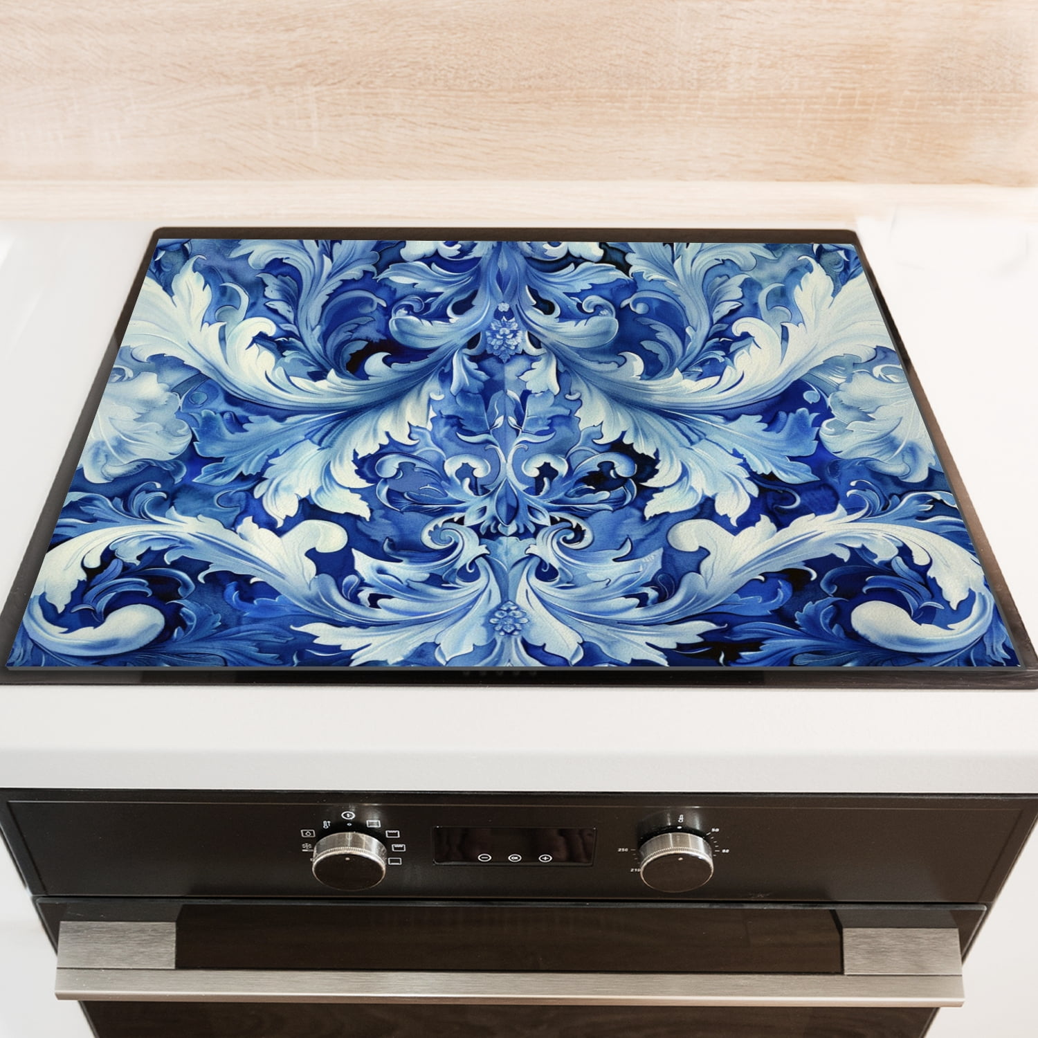 Cooktop Covers For Electric Glass Top, Blue and White Acanthus Leaves Heat Resistant Flat Stove Top Cover, Square Foldable Decoration Mat for kitchen RV (28×20 Inch)