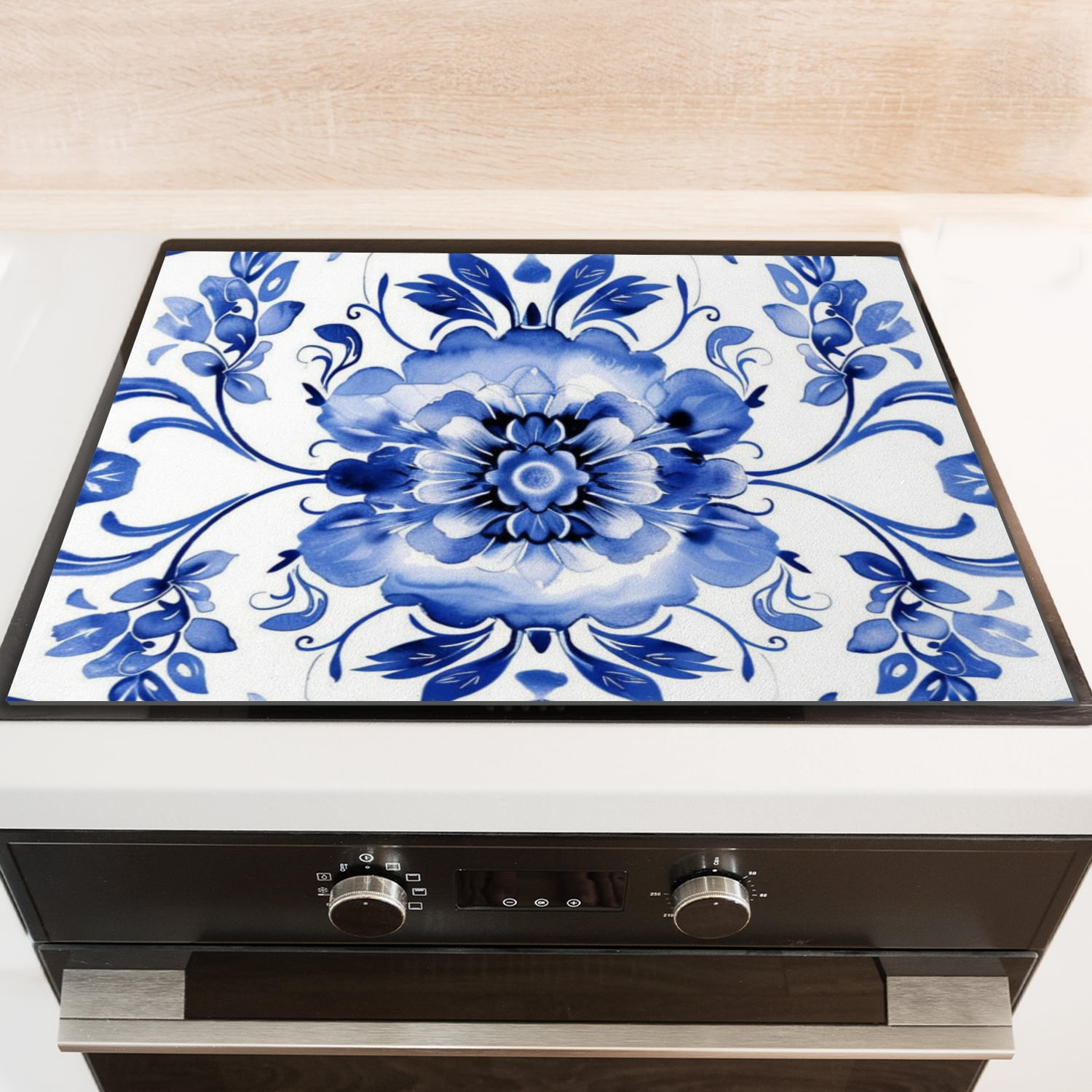Cooktop Covers For Electric Glass Top, Blue and White Acanthus Leaves Heat Resistant Flat Stove Top Cover, Square Foldable Decoration Mat for kitchen RV (28×20 Inch)