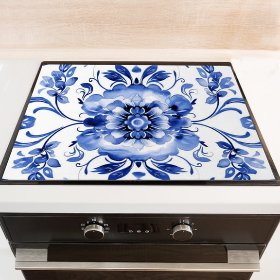 Cooktop Covers For Electric Glass Top, Blue and White Acanthus Leaves Heat Resistant Flat Stove Top Cover, Square Foldable Decoration Mat for kitchen RV (2820 Inch)