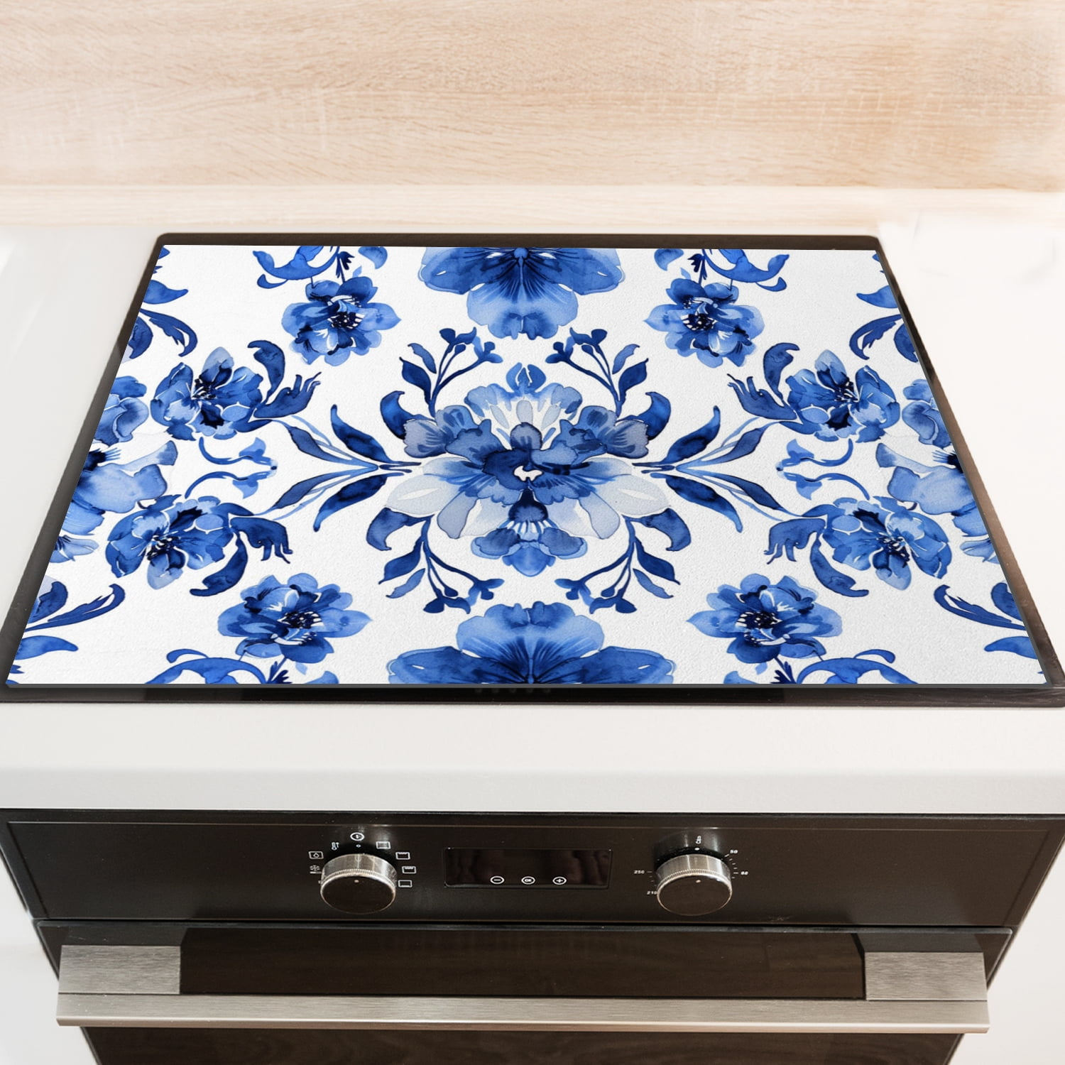 Cooktop Covers for Electric Glass Top, Blue And White Floral Centerpiece with Scrollwork Range Stovetop Protector, Square Foldable Stove Protector Mat for Kitchen RV (28×20 Inch)