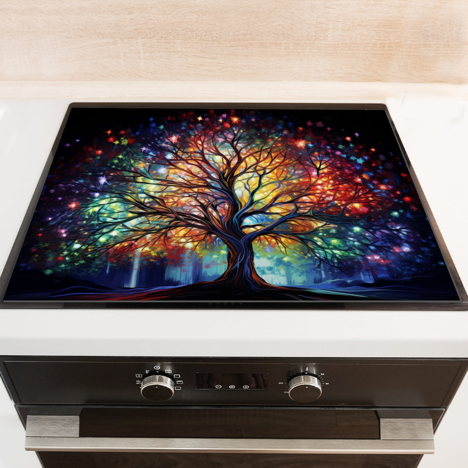Cooktop Covers For Electric Glass Top, Colorful Huge Tree Pattern Heat Resistant Flat Stove Top Cover, Square Foldable Decoration Mat for kitchen RV (28×20 Inch)