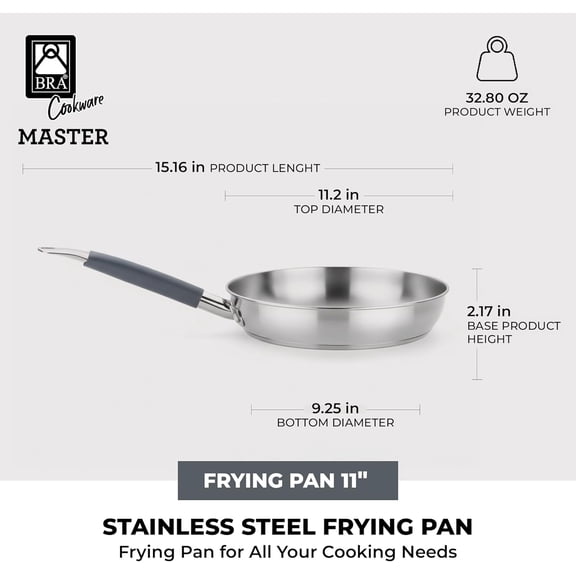 Cookware Master Frying Pan 11 Inch Professional Stainless Steel Skillet All Stovetop Induction Compatible PFAS Shiny
