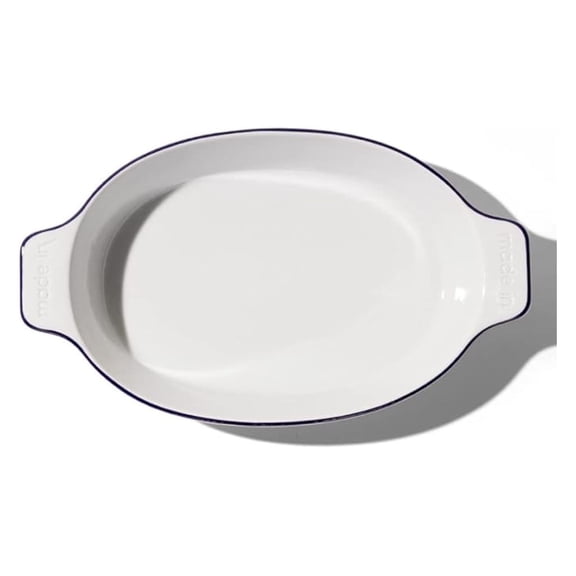 Cookware - Oval Baking Dish - Navy Rim - Hand Crafted Porcelain - Professional Bakeware - France