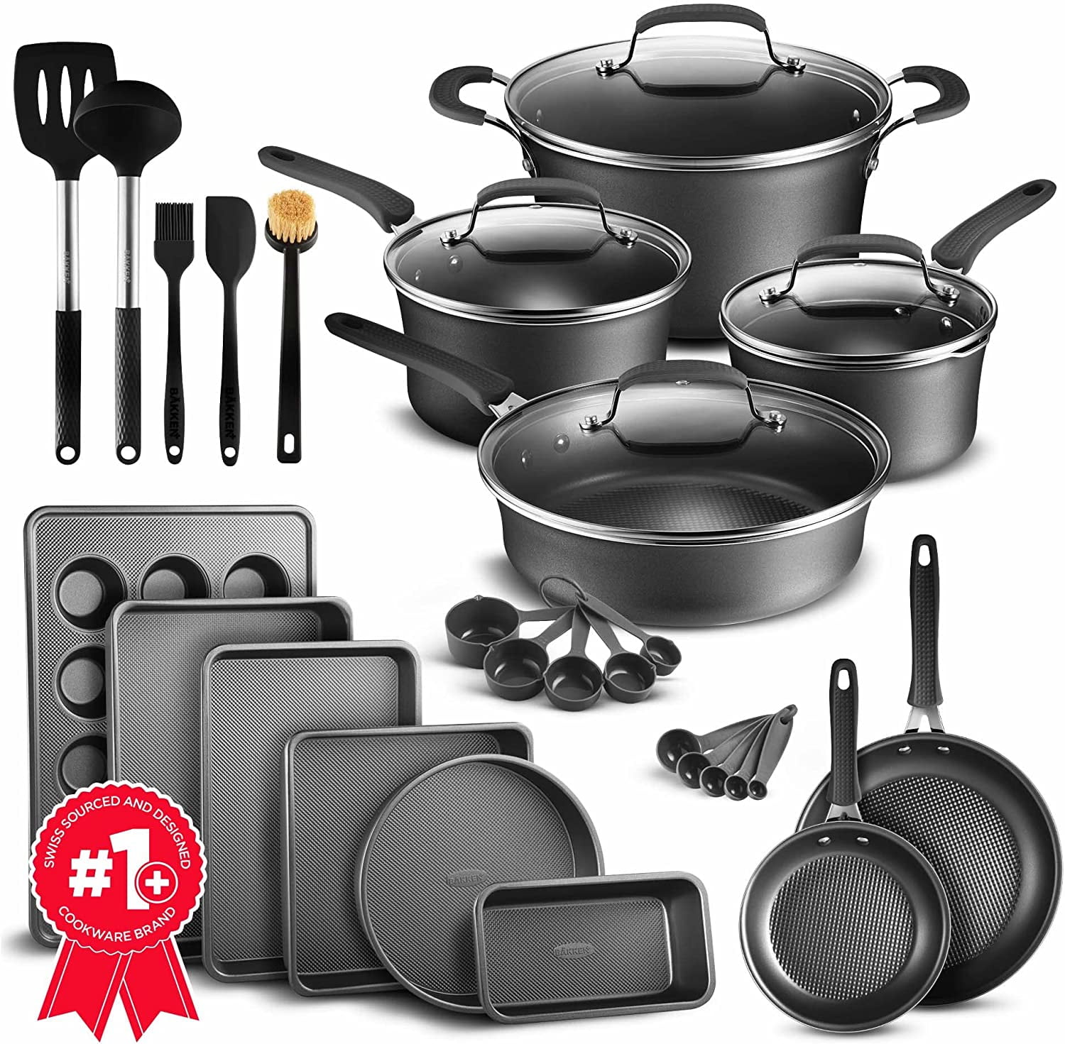 Cookware Set – 23 Piece –Gold Multi-Sized Cooking Pots with Lids, Skillet  Fry Pans and Bakeware – Reinforced Pressed Aluminum Metal - Suitable for  Gas, Electric, Ceramic and Induction by BAKKEN Swiss 