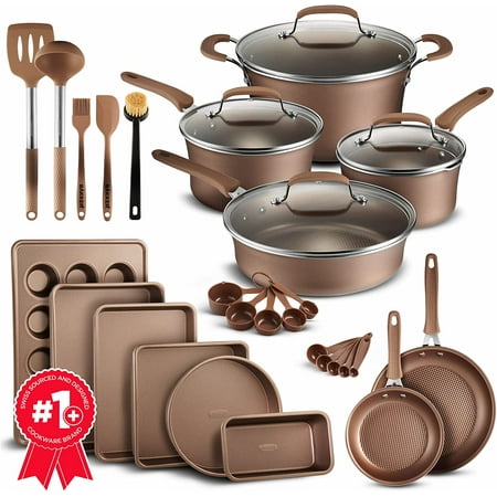 Cookware Set – 23 Piece –Gold Multi-Sized Cooking Pots with Lids, Skillet Fry Pans and Bakeware – Reinforced Pressed Aluminum Metal - Suitable for Gas, Electric, Ceramic and Induction by BAKKEN Swiss