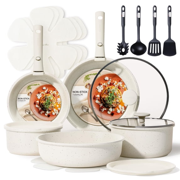 Cookware Set Cream White 19 Piece Nonstick Detachable Handle