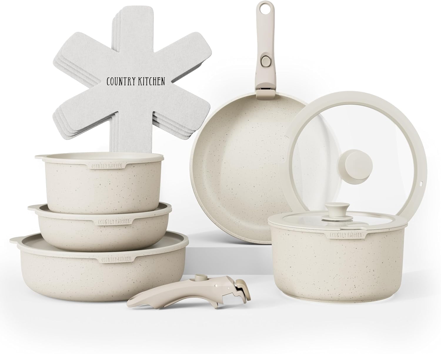 Country Kitchen Original Stackable Cookware Set with Detachable Handle - Nonstick Granite-Coated Pots and Pans for Easy Storage, Cream