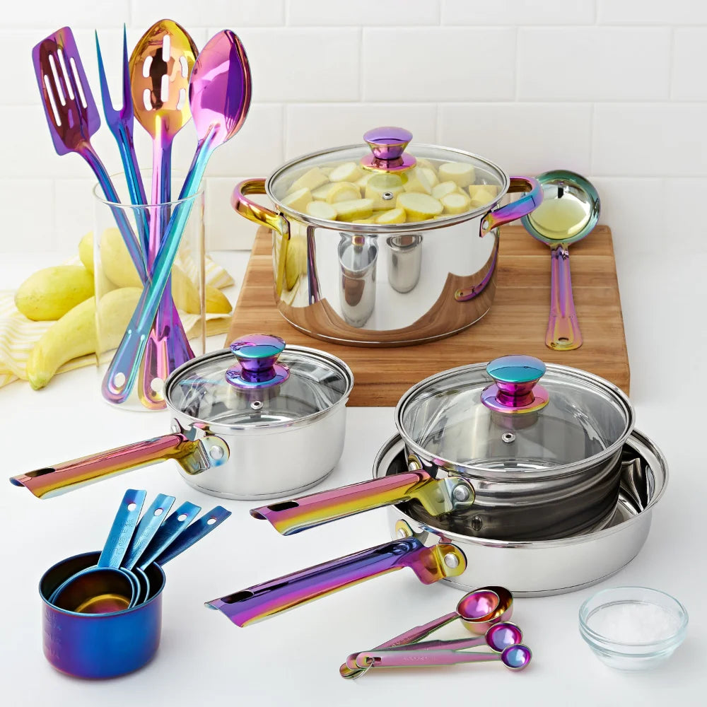 Cookware Sets Iridescent Stainless Steel 20Piece Cookware Set, with