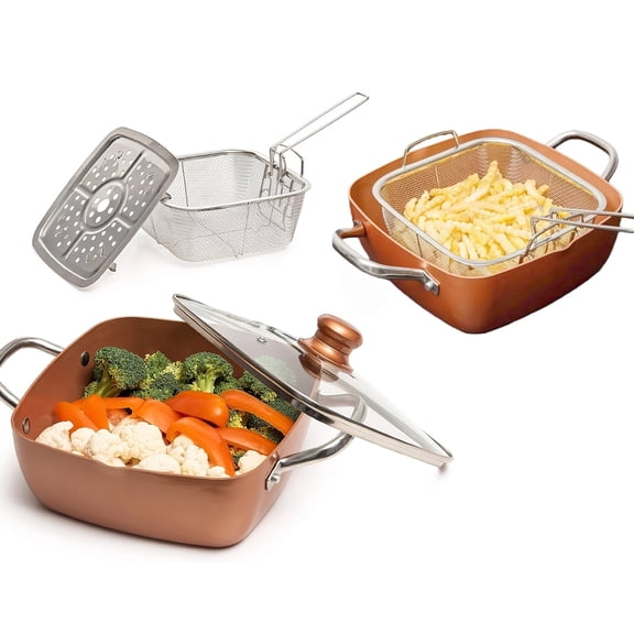 Cookware Sets, Pots And Pans Cookware Sets, Frying Pan Set With Deep Fry Pan, Fry Basket & Steamer Rack, Nonstick Copper Deep Square All In One, 6 Qt Casserole Chef'S Pan & Stock Pot- 4pcs Set.