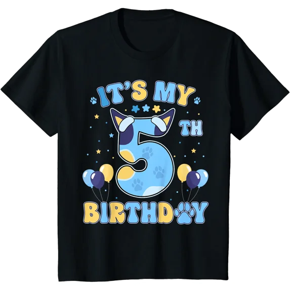 Cool 5th Birthday Blue Cartoon Canine Number Five Party T-Shirt ...