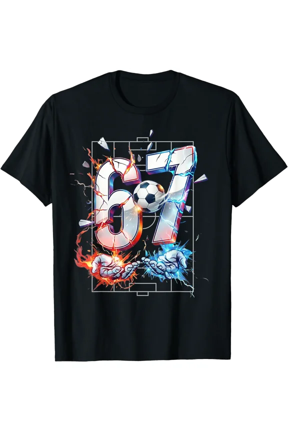 Cool 67 Soccer Graphic T-Shirt with Colorful Flames Design for Fun and Playful Style
