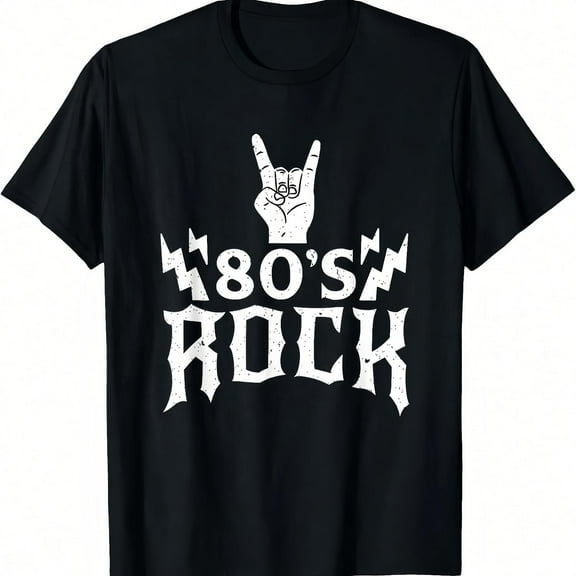 Cool 80s Music - Themed Art Tee,Showcases "80'S ROCK" Text with a Rock Hand Gesture & Lightning Bolts Design, Round Neck Regular Fit T - shirts, Size(S - 5XL)