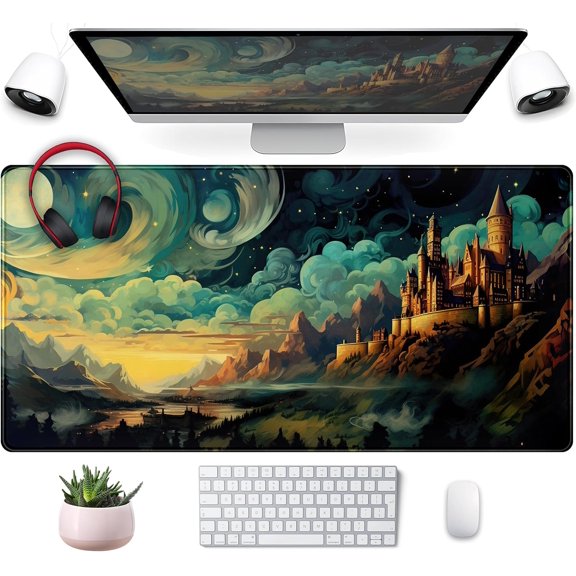 Cool Aesthetic Castle Mouse Pad Desk Pad Cute Cloudy and Starry Desk Mat, Office Desk Decor Anime Mousepad Laptop Keyboard and Mouse Mat, XXL Large Extended Gaming Deskmat for Girl 31.5x15.75 in