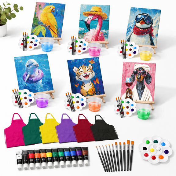 Cool Animals Pre-Drawn 8x10 Inch Canvas Art & Craft Kit with Easels for Adults