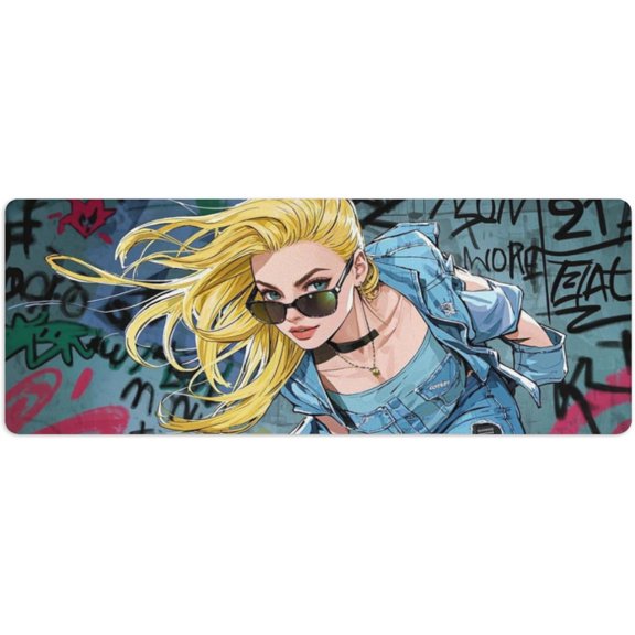 Cool Anime Girl with Retro Sunglasses Gaming Mouse Pad | Extra Thick Waterproof Desk Mat | Non-Slip Large Extended Surface (31.5x11.8 Inch) for Computer Keyboard & Home/Office Use