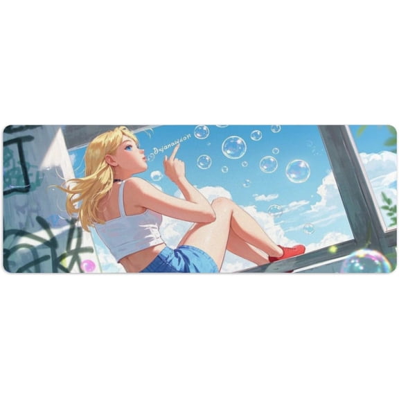 Cool Anime Girl with Retro Sunglasses Gaming Mouse Pad | Extra Thick Waterproof Desk Mat | Non-Slip Large Extended Surface (31.5x11.8 Inch) for Computer Keyboard & Home/Office Use