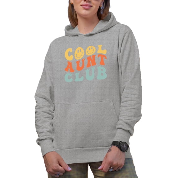 Cool Aunt Club, Auntie Themed, Groovy Retro Wavy Text Merch Gift, Heather Grey Hooded Sweatshirt or Hoodie, 2XL