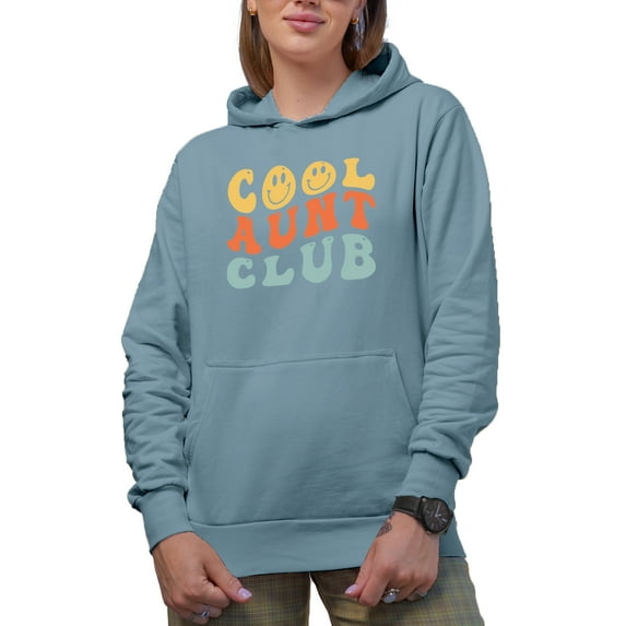 Cool Aunt Club, Auntie Themed, Groovy Retro Wavy Text Merch Gift, Light Blue Hooded Sweatshirt or Hoodie, Small