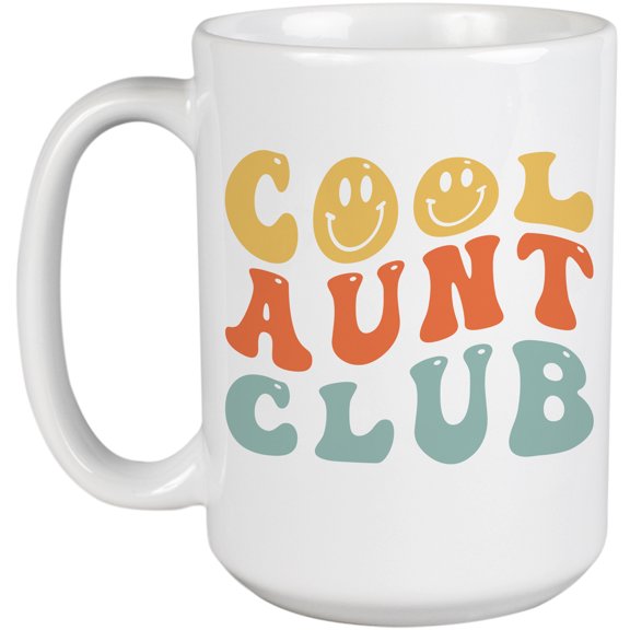 Cool Aunt Club, Auntie Themed, Groovy Retro Wavy Text Merch Gift, White 15oz Ceramic Mug