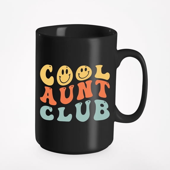 Cool Aunt Club, Auntie or Aunty Themed, Groovy Retro Wavy Text Merch Gift, Black 15oz Ceramic Mug