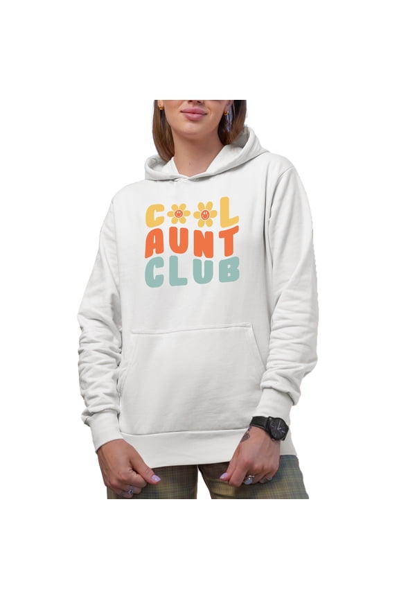 Cool Aunt Club, Group or Organization Name for Aunties, Groovy Retro Wavy Text Merch Gift, White Hooded Sweatshirt or Hoodie, Large