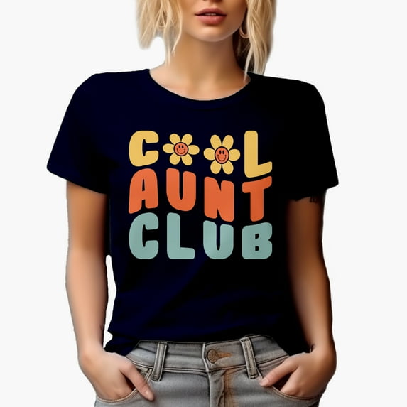 Cool Aunt Club, Organization of Aunties, Groovy Retro Wavy Text Merch Gift, Navy Blue T-Shirt, Large