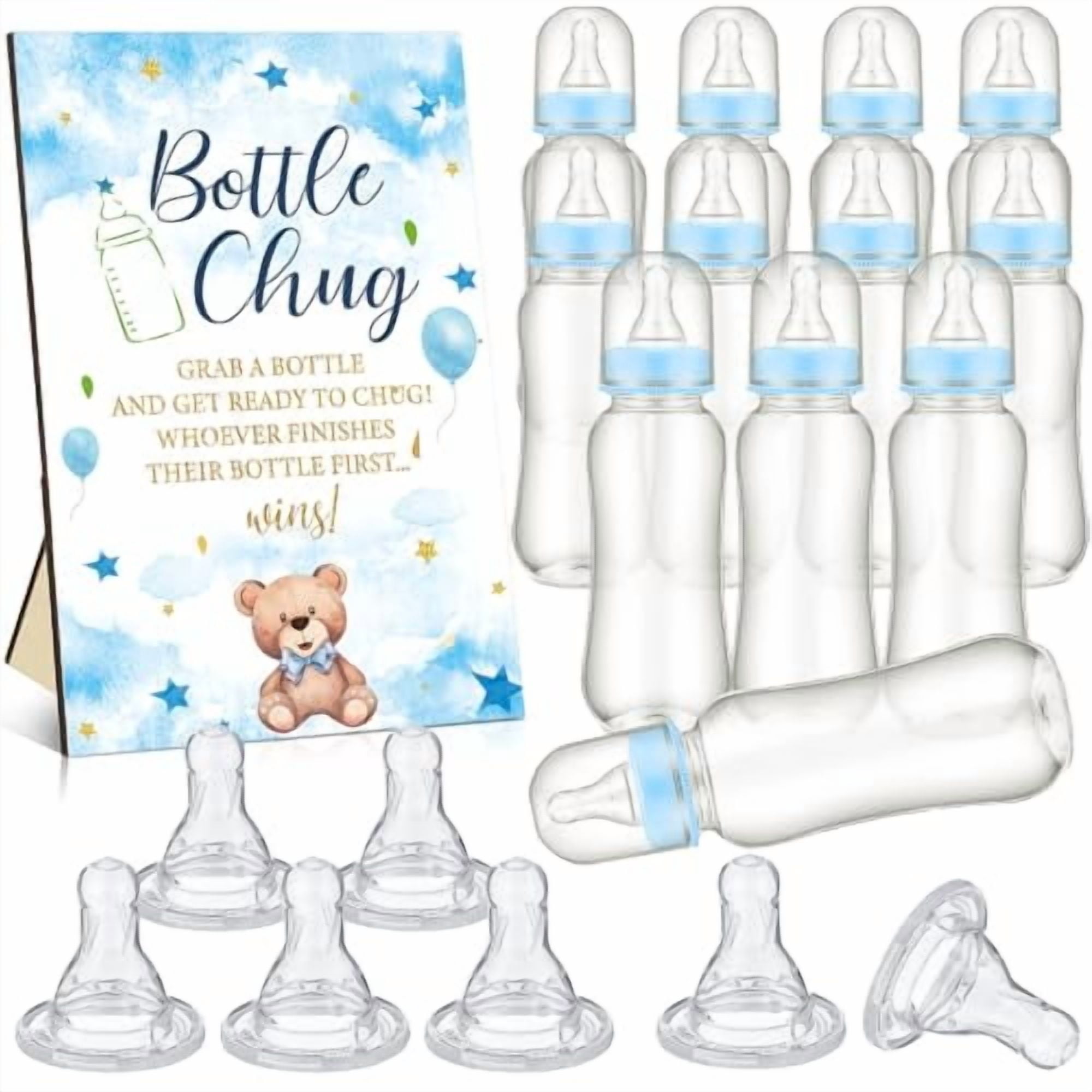 TrelaCo Baby Bottle Chug Game Set - Wooden Sign & 12 Silicone Baby Bottles For Baby Shower & Gender Reveal Party