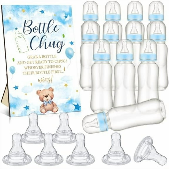 Cool Baby Shower Games Bottle Chug Sign Wooden Blue Bear Theme Gift Sets Gender Reveal Party Favors and 12 Pcs Baby Bottle Shower Favor for Gender Reveal$$Home Decor, Kitchen, & Other