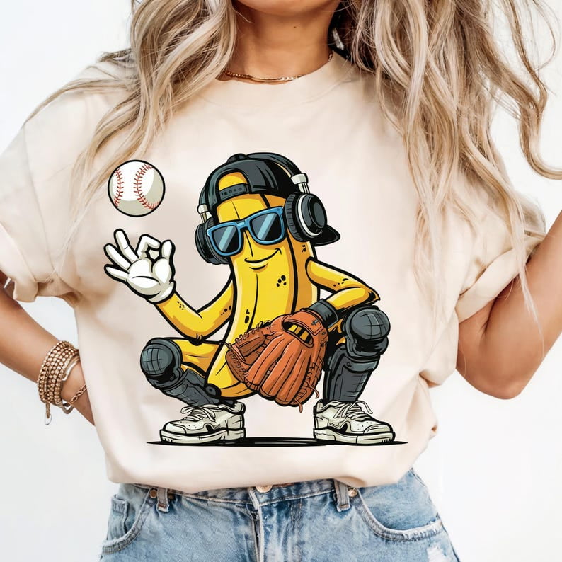 Cool Banana Baseball T-Shirt, Funny Catcher Fruit Tee, Hip Hop Banana Shirt, Cute Sports Tee, Quirky Fruit Lover Gift BTO01
