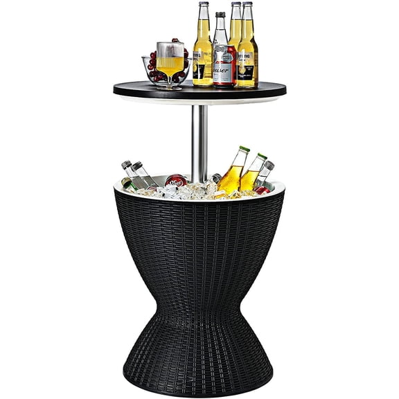 Cool Bar Table, 8 Gallon Beer and Wine Cooler, Rattan Style Outdoor Cocktail Patio Bar Tables, Height Adjustable, 3-in-1 Ice Cooler with Drainage Plug for Deck Pool Party (Black)
