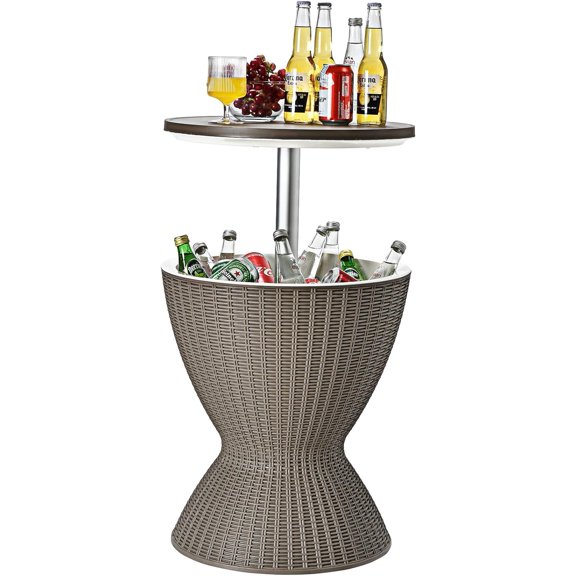 Cool Bar Table, 8 Gallon Beer and Wine Cooler, Rattan Style Patio Bar Tables, Height Adjustable, 3-in-1 with Drainage Plug, Outdoor Cocktail Table for Deck Pool Party (Taupe)