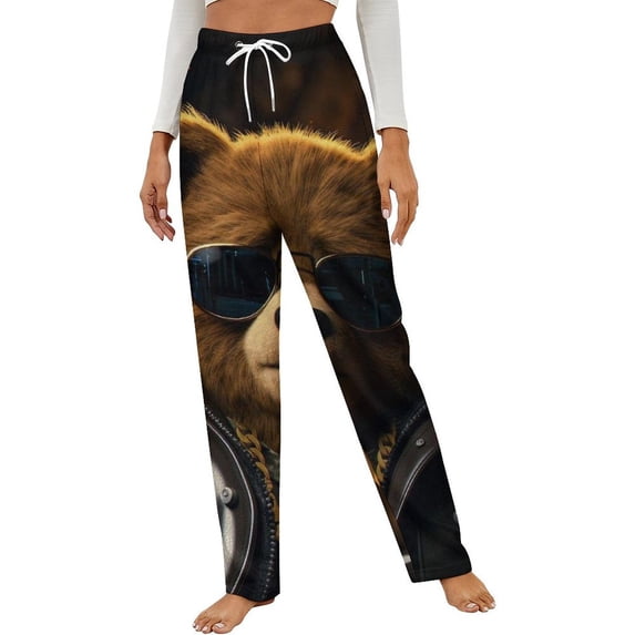 Cool Bear In Leather Jacket Winter Female Pants Flannel High Waist Women Pants Lady Warm Straight Leg Plush Trousers
