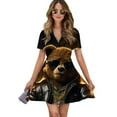 thumbnail image 1 of Cool Bear In Leather Jacket Women Dress V-Neck Short Sleeve Flowy Swing Party Midi Dress, 1 of 4