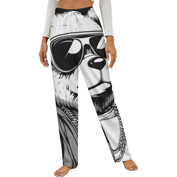 Cool Bear In Shades And Chain Winter Female Pants Flannel High Waist Women Pants Lady Warm Straight Leg Plush Trousers