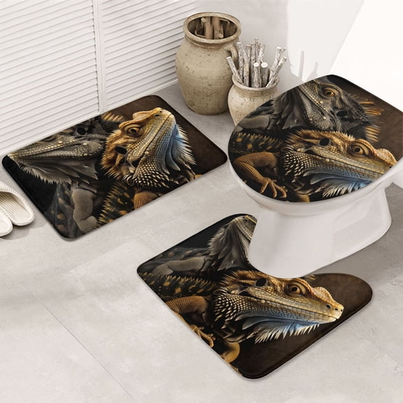 Cool Bearded Dragon Lizards 3-Piece Bathroom Rug Sets - Non-Slip Bath Mat 31.5"x19.7" with U-Shaped Contour Mat Toilet Lid Cover