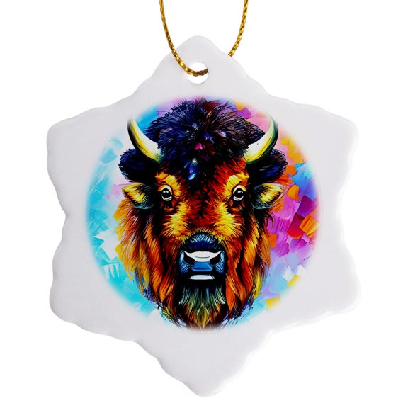 3drose, Cool Bison Head Portrait, Colorful Background. Family-friendly Gift, 3 inch Snowflake Porcelain Ornament