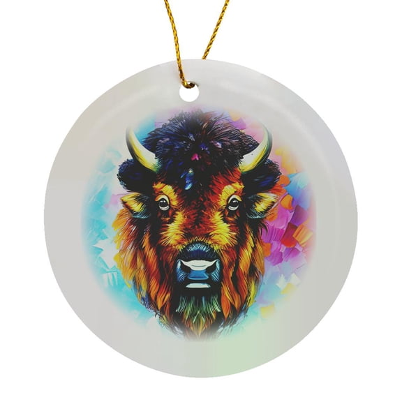 3drose, Cool Bison Head Portrait, Colorful Background. Family-friendly Gift, Circle Porcelain Ornament