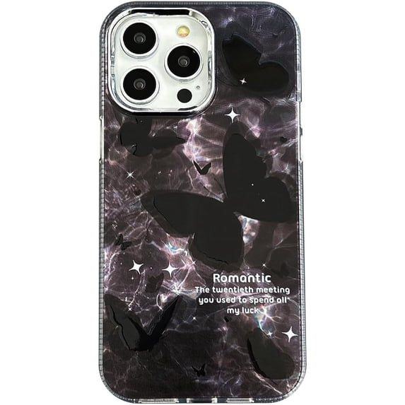 Cool Black Butterfly Star Marbling Shell Texture Phone Case Compatible with iPhone Case (Black,iPhone 15)