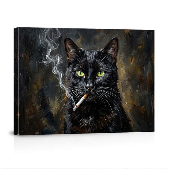 Cool Black Cat Cigarette Edgy Green Eye Animal Portrait For Living Room Bedroom Modern Home Canvas