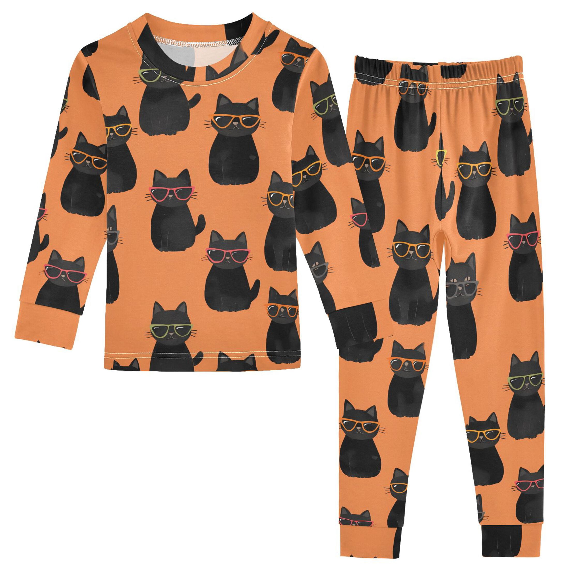 Cool Black Cat Pattern Cotton Pajamas 2 Piece Set Sleepwear Soft and ...